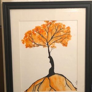 Original artwork watercolor trees orange outdoor